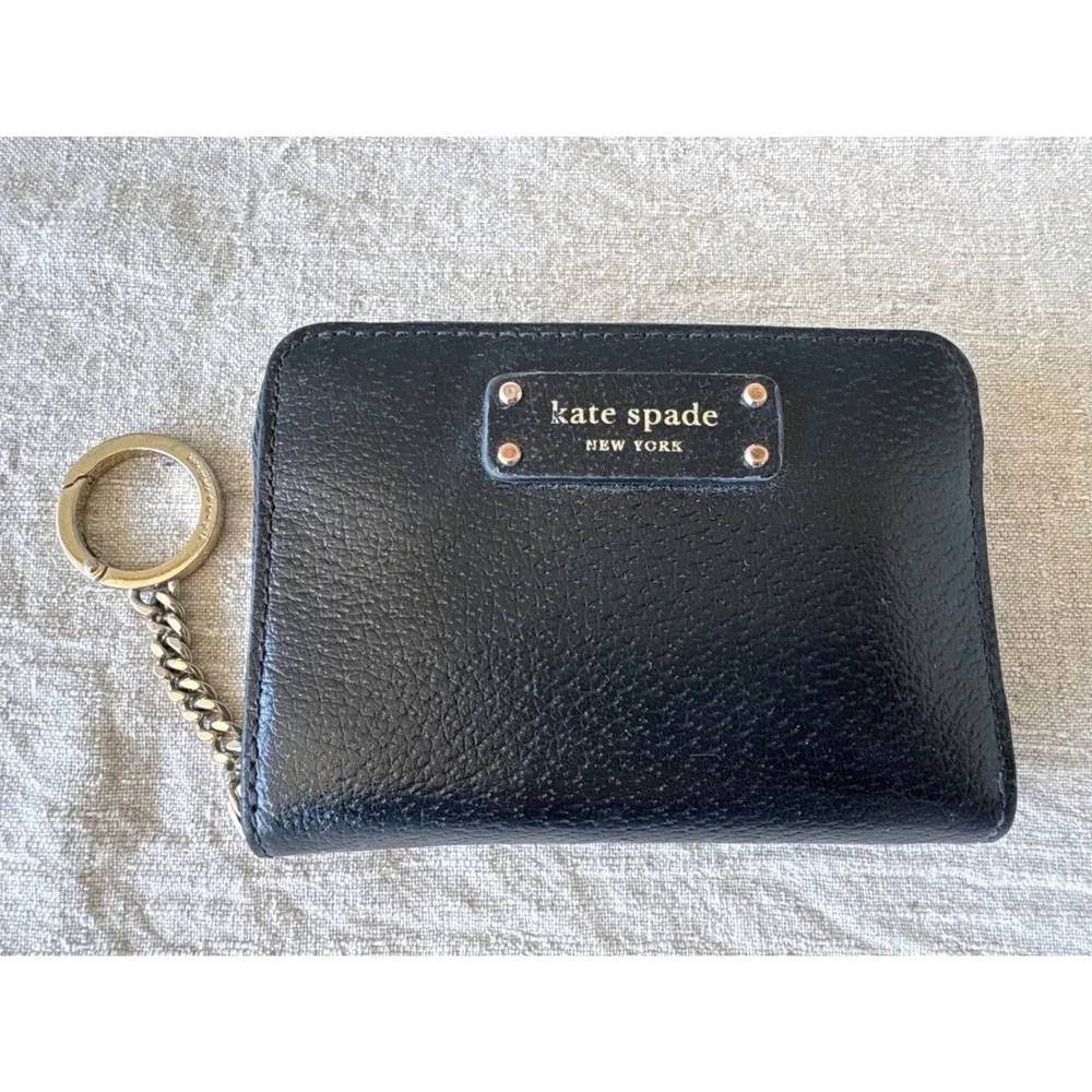 Kate Spade New York Black Pebbled Leather Zip Around Small Wallet Keychain Coin
